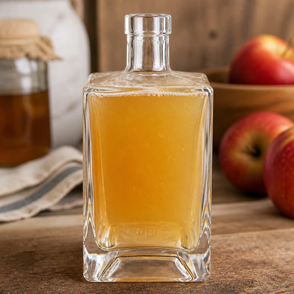 700ml szklana butelka Ben wypełniona sokiem jabłkowym obok czerwonych jabłek na drewnianej desce naturalny klimat kuchni