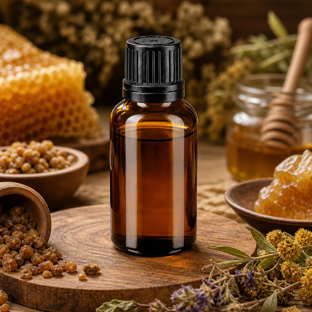Butelka apteczna brązowa 20ml zakrętka czarny nalewak r. OV Szklana buteleczka o pojemności 20 ml w kolorze bursztynowym z czarnym zamknięciem typu OV, otoczona motywem plastrów miodu i ziół leczniczych
