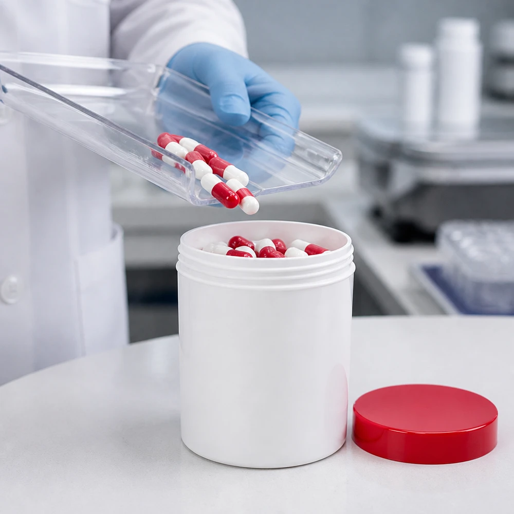 Biały słoik na maść o pojemności 20 g, wykonany z PP, z czerwoną zakrętką, podczas napełniania kapsułkami w laboratorium farmaceutycznym