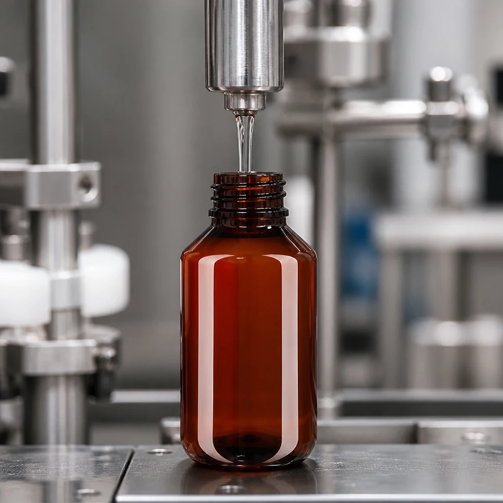 Automatyczna linia rozlewnicza napełnia brązowe butelki PET o pojemności 100 ml z białym nakrętką w zakładzie farmaceutycznym