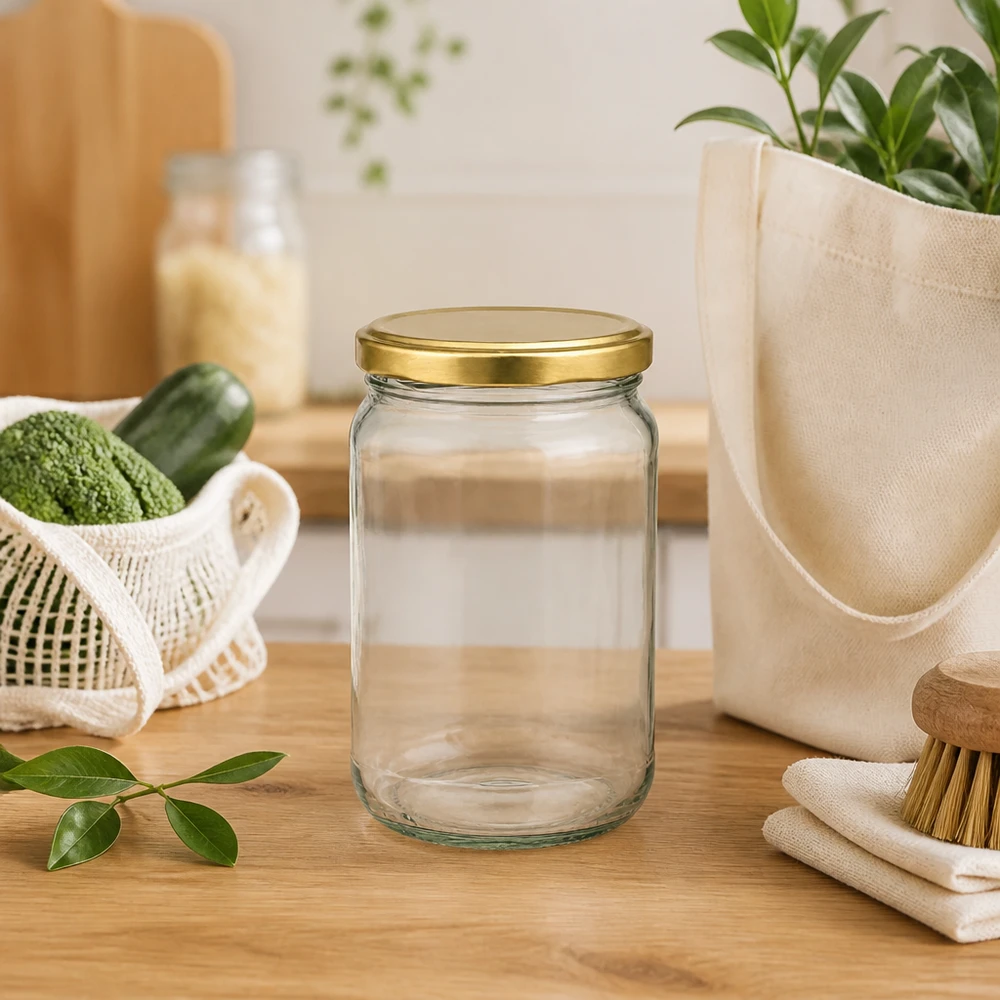 Słoik okrągły 305 ml z pokrywką BasicSeal złota UNiTWIST 305ml Rundglas BasicSeal UNiTWIST gold in nachhaltiger Küchenszene mit Öko-Tasche und Zero-Waste-Zubehör