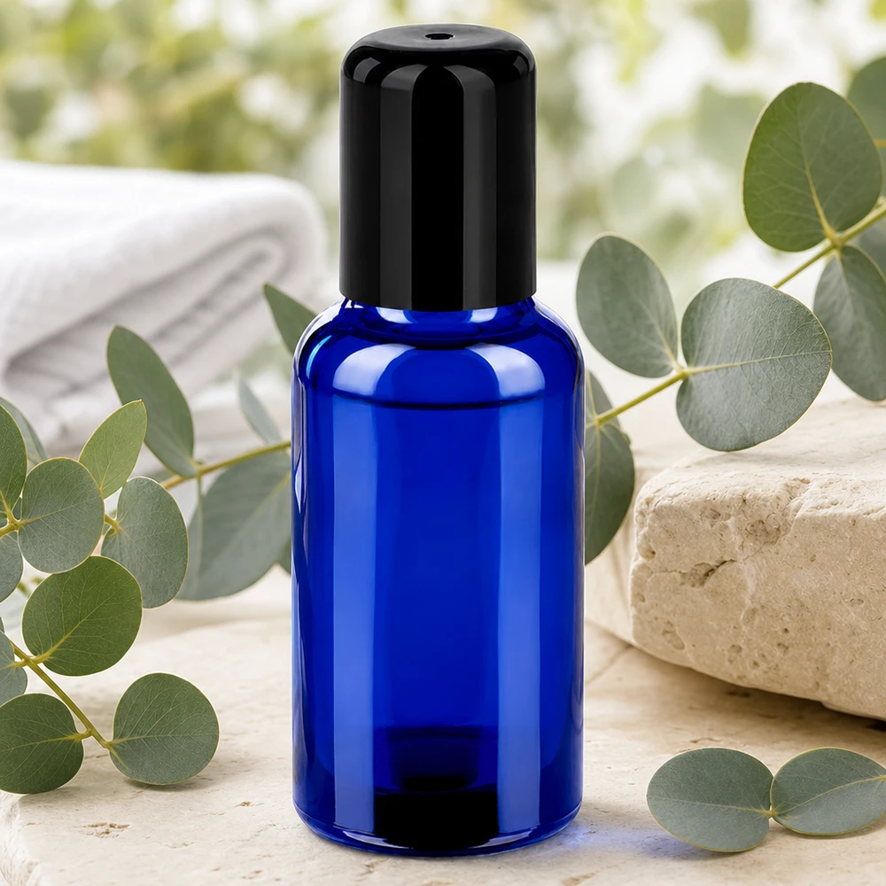 Wysokiej jakości szklany flakon Roll-On STD BlueLine UT18/30 o pojemności 30 ml w eleganckim kolorze kobaltowego błękitu do aromaterapii