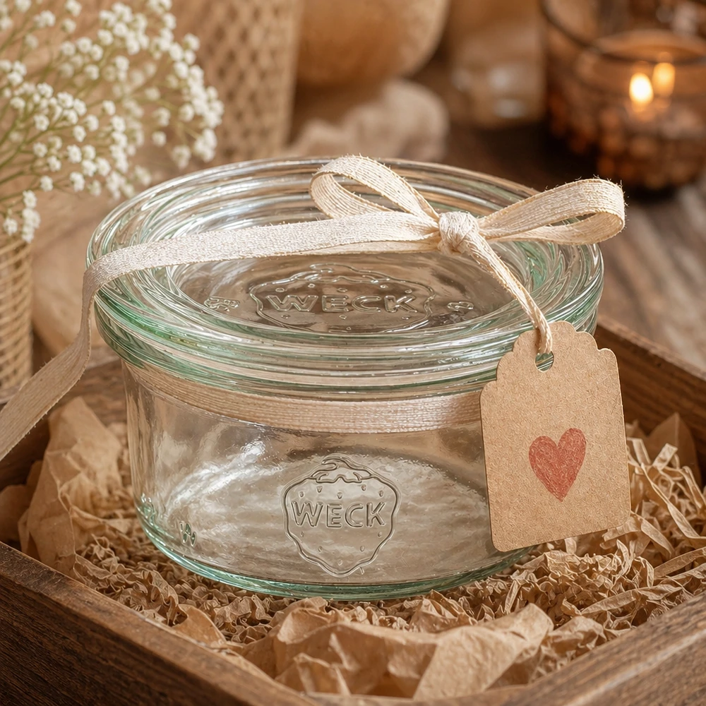 Kubki o pojemności 50 ml ze szklaną pokrywką WECK RR60 Kubki WECK o pojemności 50 ml prezentowane jako ozdobny upominek ze wstążką i zawieszką w kształcie serca w rustykalnym stylu.