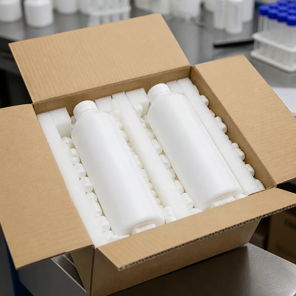 Butelka apteczna HDPE 250 ml biała, bez zakrętki Butelka apteczna z HDPE o pojemności 250 ml, biała, w opakowaniu kartonowym z wyściółką z pianki