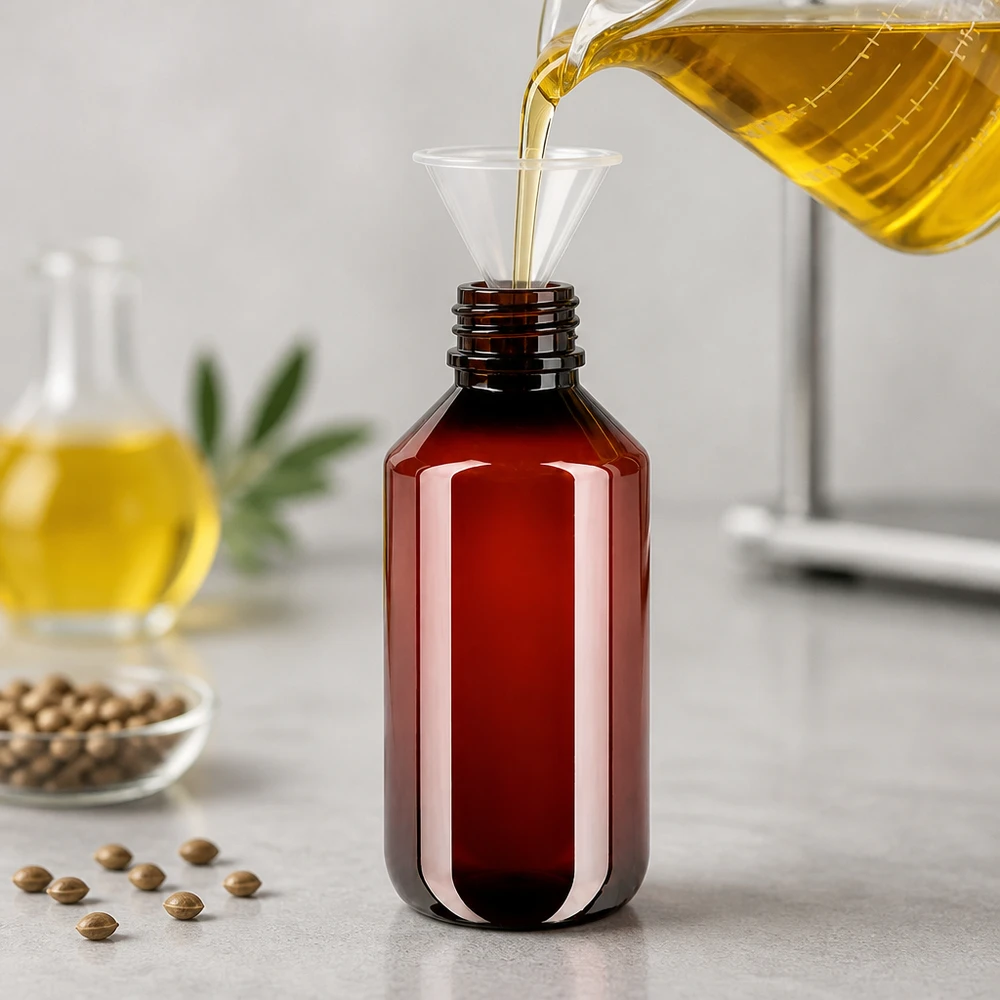 Kompakte bernsteinfarbene PET Flasche 200ml mit Schraubverschluss OV UV-Schutz