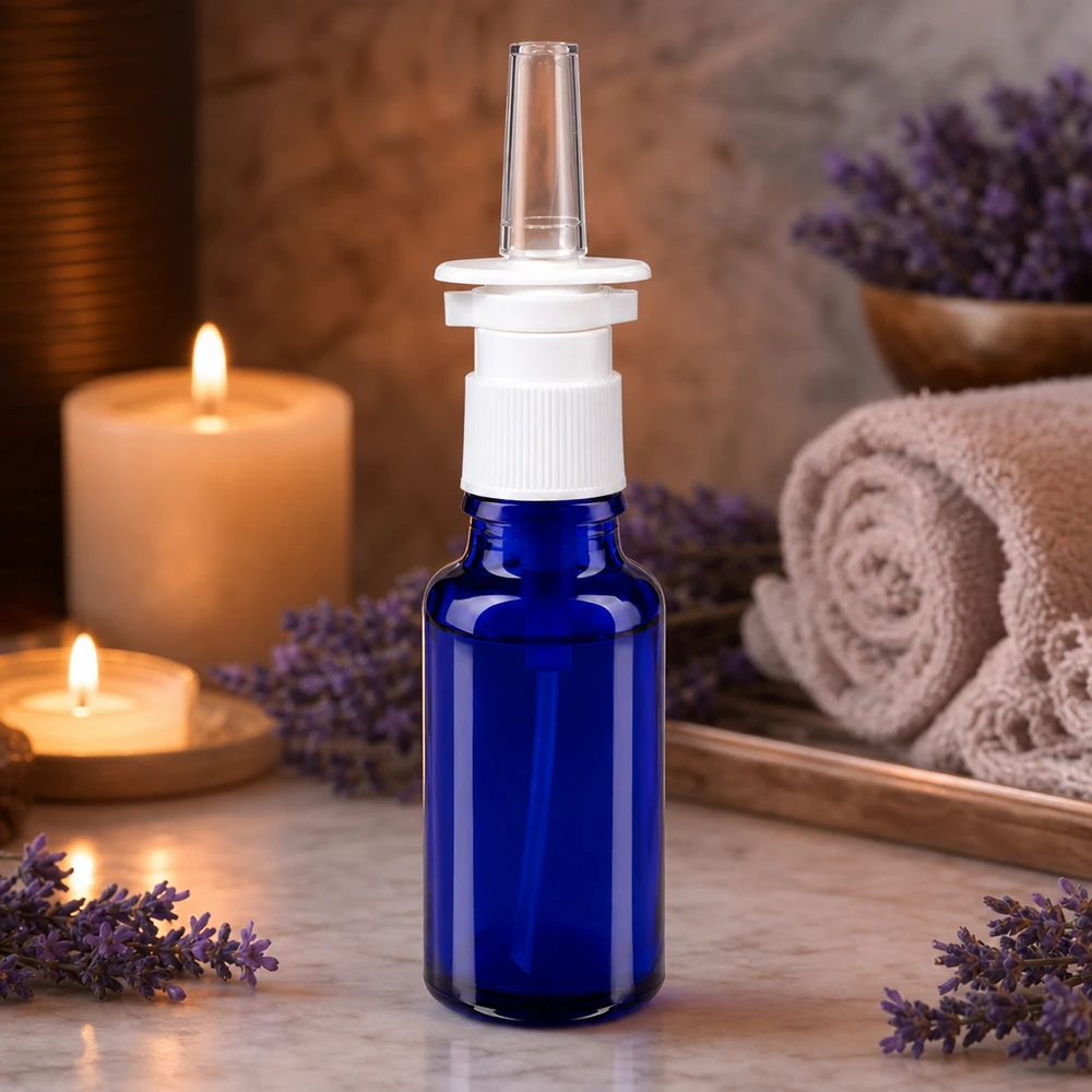Butelka na spray do nosa o pojemności 20 ml w kolorze kobaltowym, z białym pierścieniem zakręcanym i stożkową dyszą z przezroczystego szkła