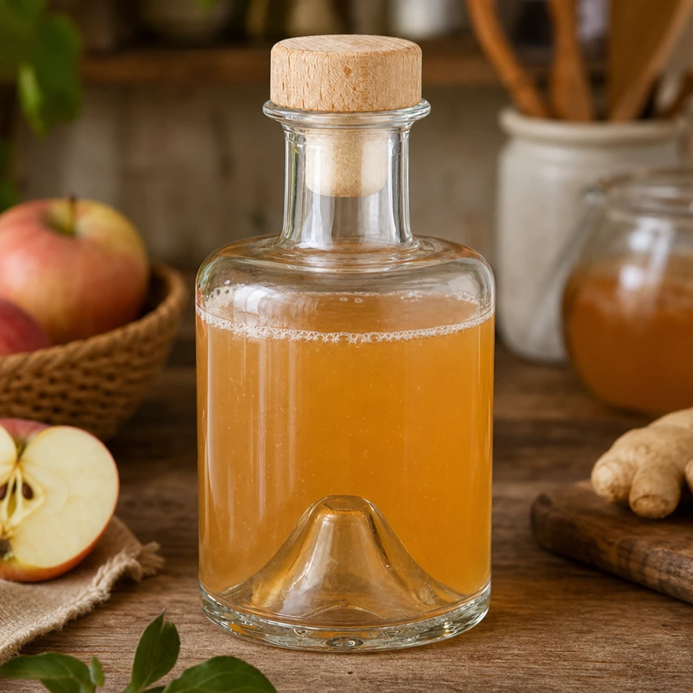 200 ml szklana butelka Sofia z drewnianym korkiem wypełniona octem jabłkowym obok jabłka i imbiru w naturalnej scenerii kuchennej
