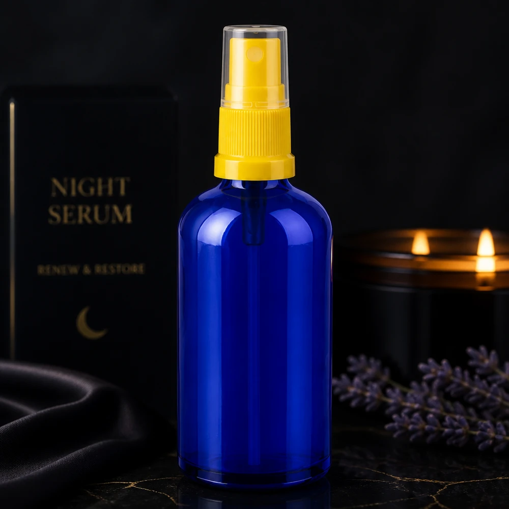 100 ml butelka ze spryskiwaczem żółta/przezroczysta STD BlueLine UT18/100 Wytrzymała szklana butelka o pojemności 100 ml z pompką rozpylającą do precyzyjnego dozowania serum i esencji.