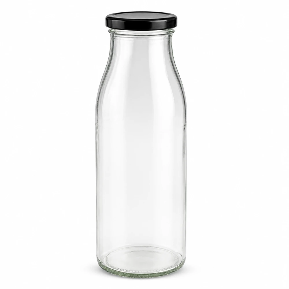 Butelka szklana 500 ml + pokrywka BasicSeal czarna UNiTWIST. Całkowicie szczelna z dużą pokrywką TO48. Do mleka, soków i lemoniady. Szklana butelka 500 ml z czarnym wieczkiem BasicSeal z certyfikatem UN, przezroczysta, pusta, stojąca Zdjęcie produktu