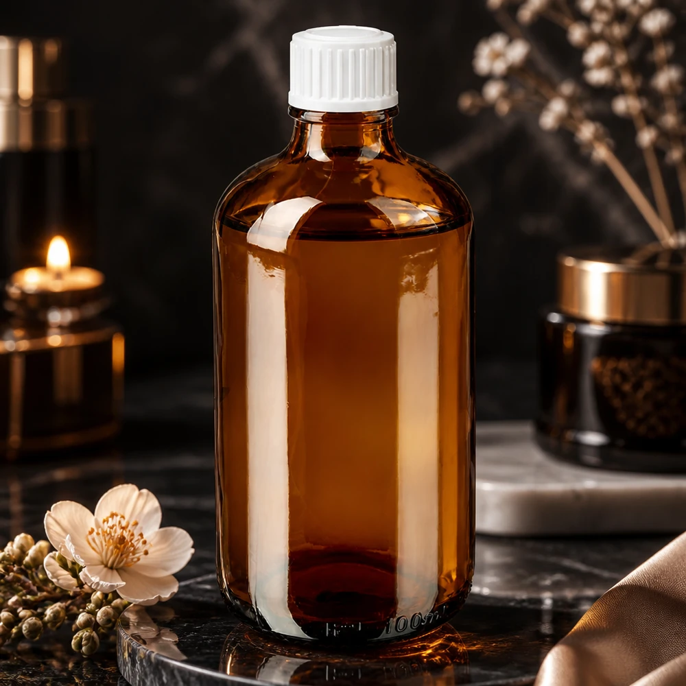 Szklana butelka o pojemności 100 ml w kolorze bursztynowym z białą nakrętką dozującą, przeznaczona do kosmetyków naturalnych i aromaterapii
