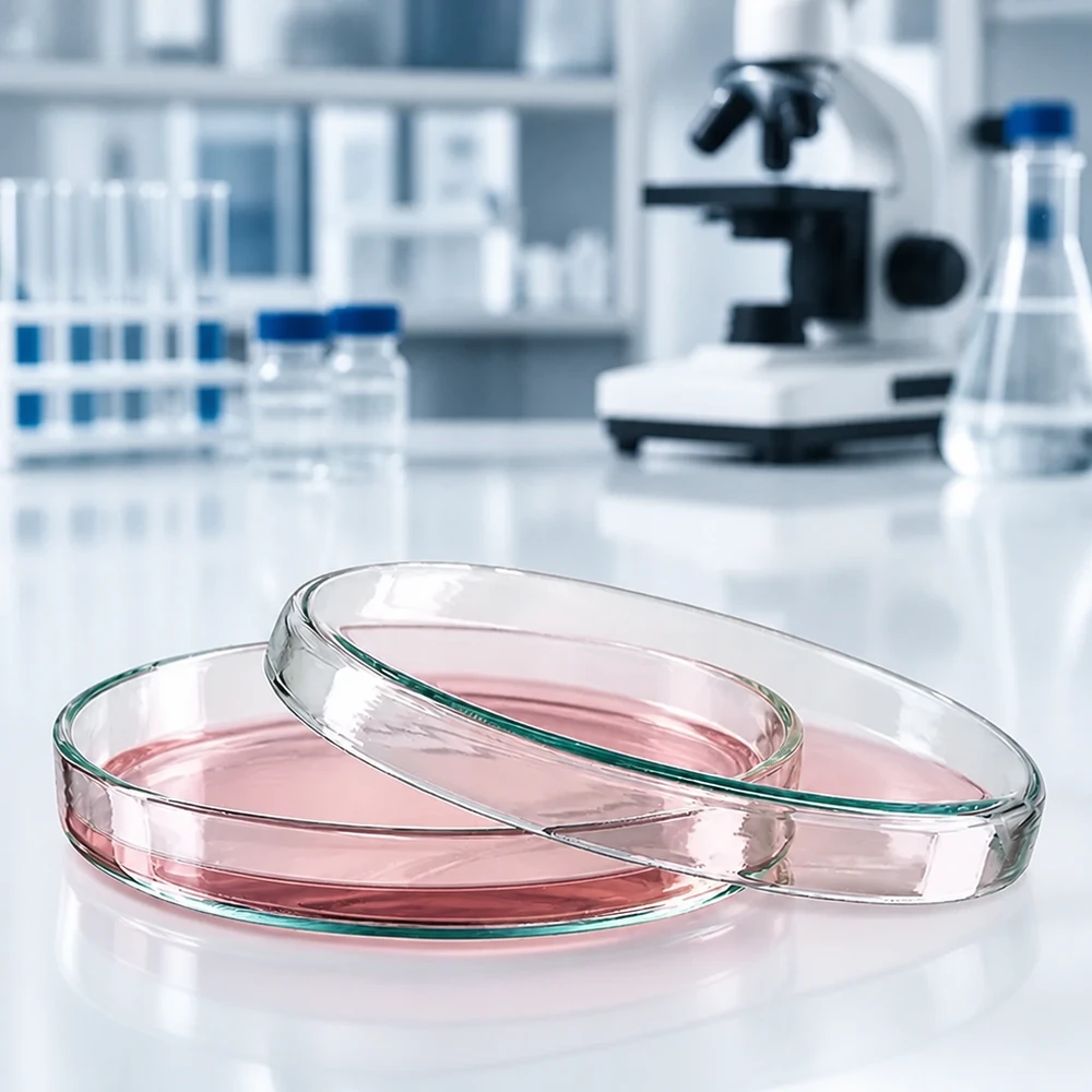 Dwie szklane szalki Petriego o wymiarach 90 x 15 mm z różowym płynem do hodowli komórkowej w laboratorium badawczym