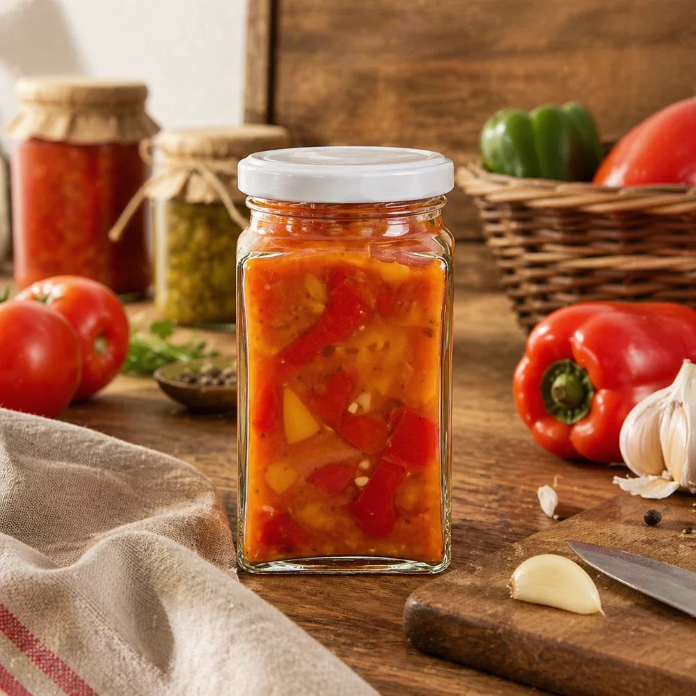 260 ml tetra słoik BasicSeal wypełniony pastą warzywną wraz z papryką, pomidorami i czosnkiem rustykalne przetwory kuchenne