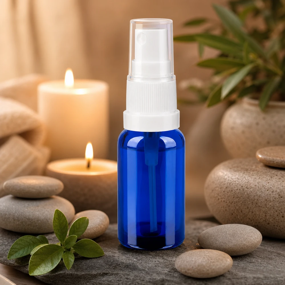 Butelka ze spryskiwaczem 20 ml biała/przezroczysta STD BlueLine UT18/20 Niebieska szklana butelka z rozpylaczem 20 ml i białym atomizerem do kosmetyków DIY i produktów naturalnych