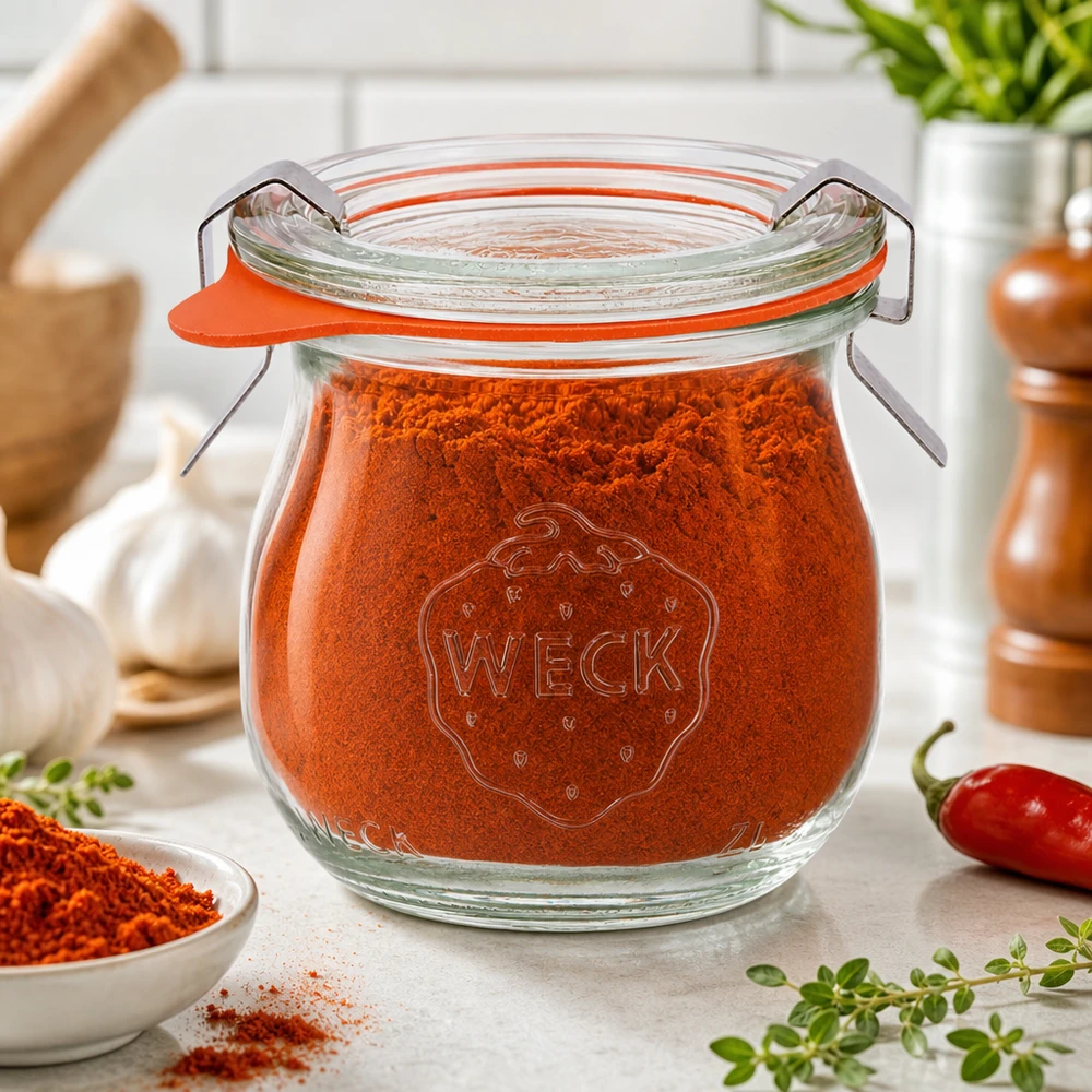 Słoik tulipan 75ml kompletny WECK RR40 WECK słoik tulipan 75ml RR40 wypełniony papryką w proszku w śródziemnomorskiej kuchni przyprawowej ze świeżymi ziołami i chili
