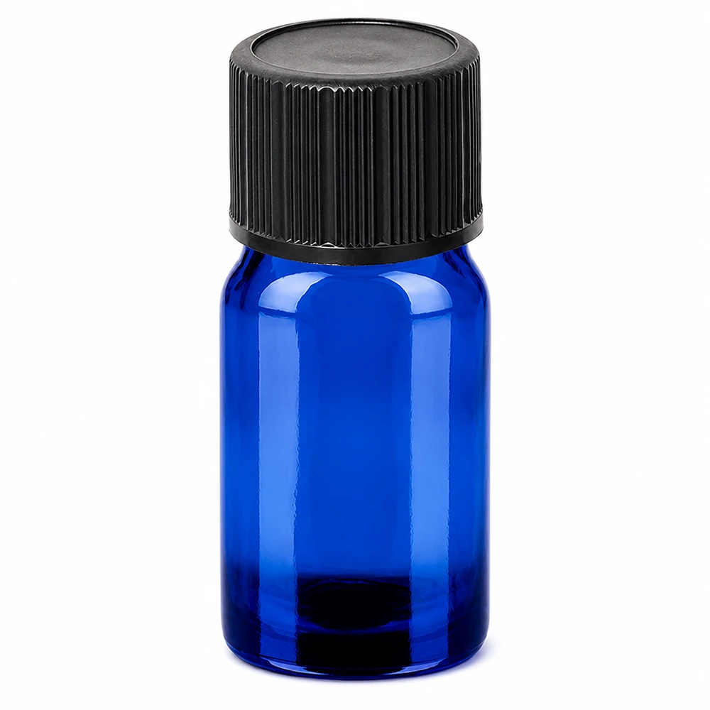 Butelka z zakraplaczem 5 ml 1 mm czarna STD BlueLine UT18/5 5 ml niebieska szklana butelka z zakraplaczem i czarną zakrętką do olejków eterycznych i nalewek