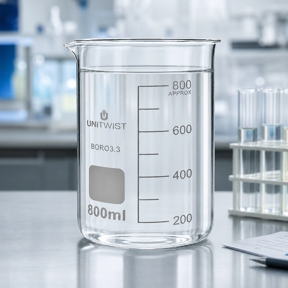 Zlewka 800ml borokrzemianowa, wysoka UNITWIST Przezroczysta zlewka o pojemności 800 ml, wysoka, model UNITWIST BORO3.3, na białym stole laboratoryjnym z probówkami