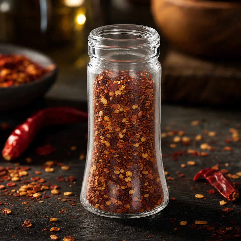 Słoik na przyprawy Bobby o pojemności 95 ml, wypełniony płatkami chili, na rustykalnym ciemnym drewnianym tle