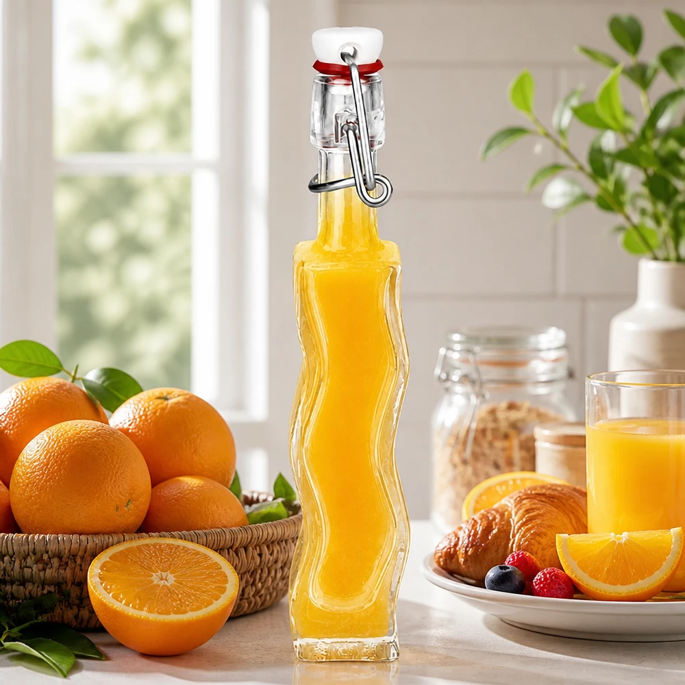 Szklana butelka Fila 40 ml z zamknięciem z PVC UNiTWIST® 40 ml szklana butelka Anna z pomarańczowym wypełnieniem obok świeżych pomarańczy i rogalików w słonecznej scenerii kuchni