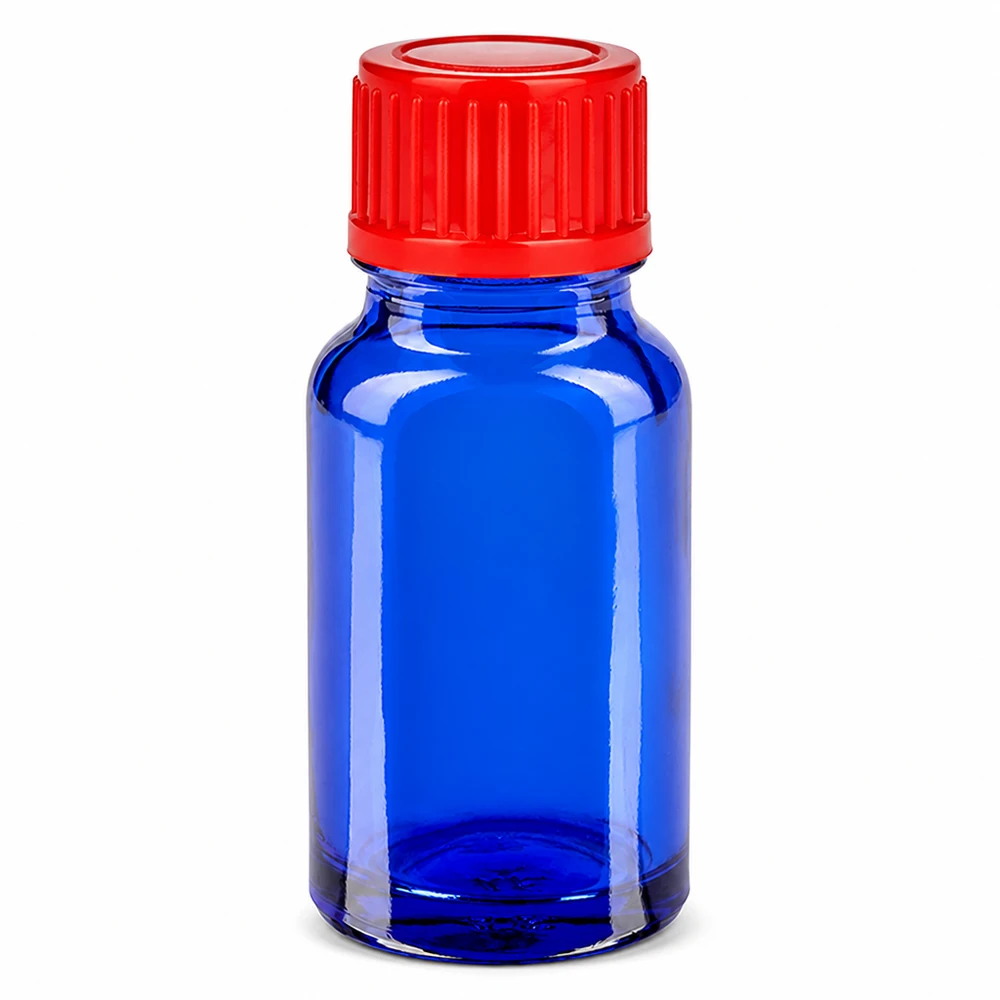 Butelka 10 ml 11 mm SV czerwony STD BlueLine UT18/10 Niebieska szklana butelka 10 ml z czerwoną zakrętką do zastosowań laboratoryjnych i chemicznych