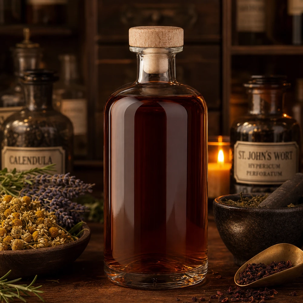 500ml szklana butelka Flora z drewnianym korkiem brązowa nalewka między ziołami Calendula St Johnswort Apothecary ambience