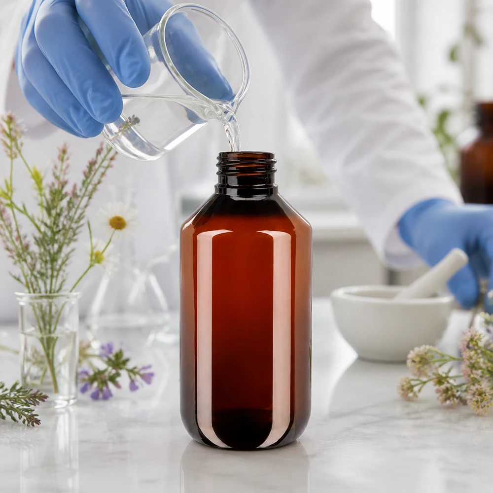 Kompaktowa butelka z brązowego szkła o pojemności 200 ml, wykonana z PET, z czerwonym korkiem odgazowującym, przeznaczona do użytku w warunkach laboratoryjnych