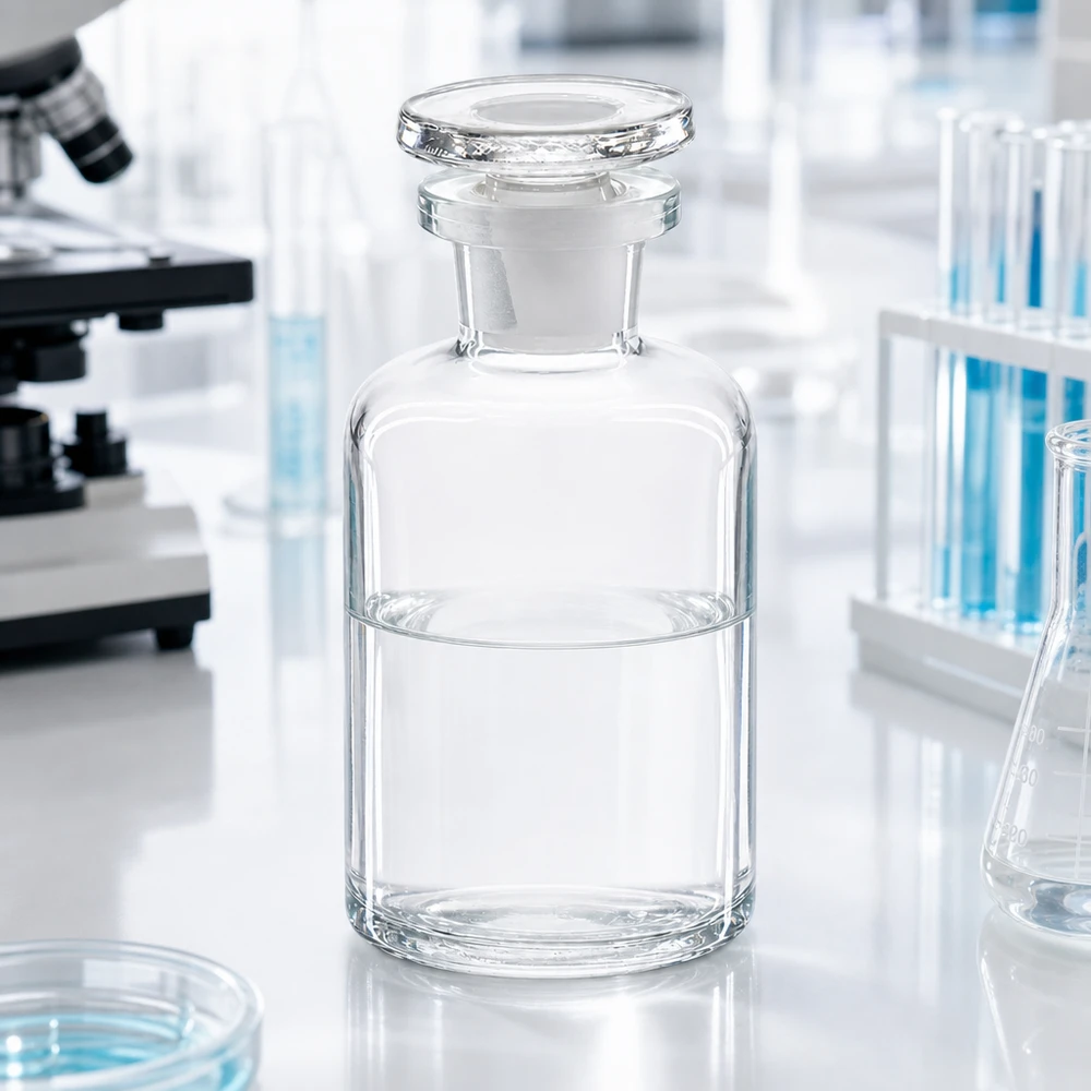 Butelka laboratoryjna z możliwością zamknięcia, o pojemności 50 ml, z wąską szyjką, szklanym korkiem i charakterystycznym zaokrąglonym ramieniem