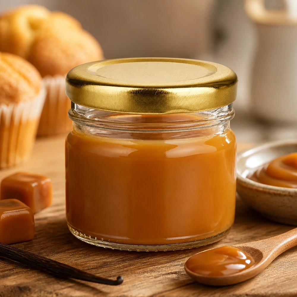 Krem karmelowy w małej okrągłej szklance o pojemności 33 ml z złotą pokrywką BasicSeal, na drewnianej deseczce z laską wanilii