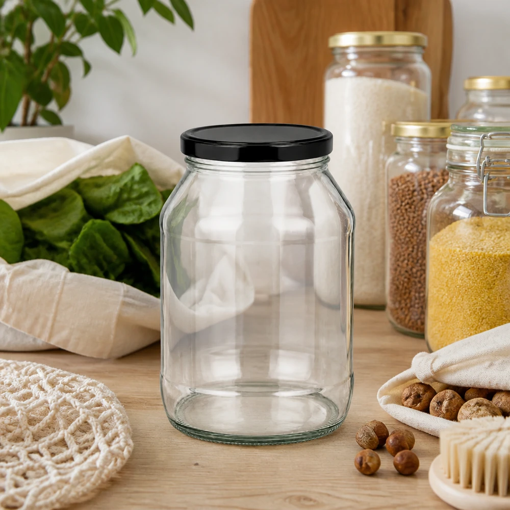 Słoik okrągły 2650 ml z pokrywką BasicSeal czarną UN.. Leeres 2650ml Rundglas mit schwarzem Deckel auf Holztisch mit Nüssen Getreide und nachhaltigen Küchenutensilien