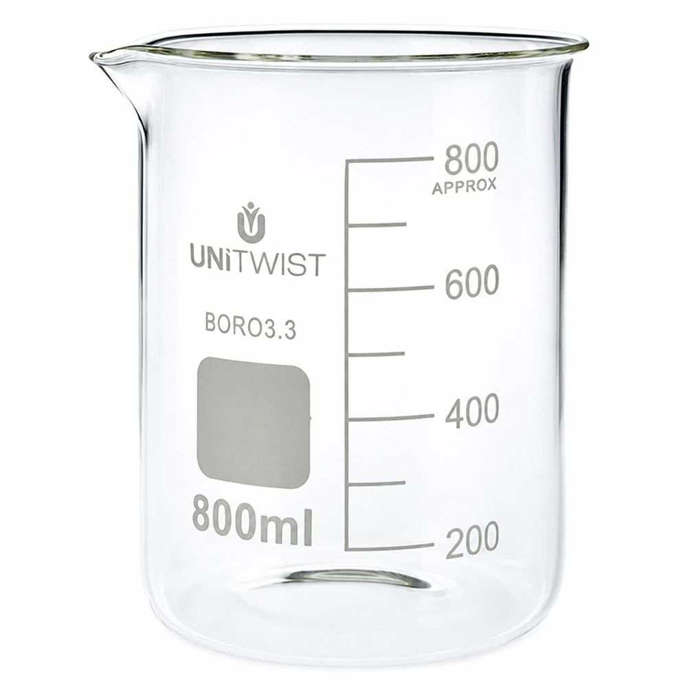 Szklanka o pojemności 800 ml z borokrzemianu, o niskim profilu, z podziałką, marki UNiTWIST