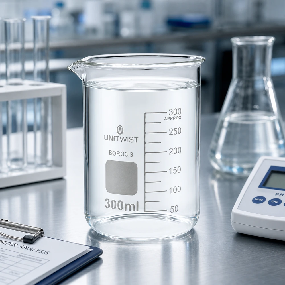 Szklanka UNiTWIST o pojemności 300 ml, wykonana z borokrzemianu, o niskim profilu, w profesjonalnym laboratorium na stole ze stali nierdzewnej