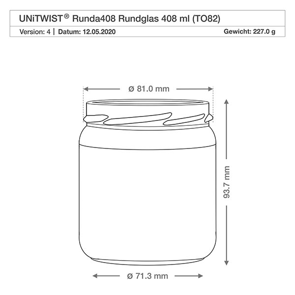 UNiTWIST Runda408 - Okrągła szklanka o pojemności 408ml TO82 UNiTWIST Runda408 szklanka okrągła 408ml TO82 rysunek techniczny o wymiarach średnica 81mm wysokość 93,7mm waga 227g
