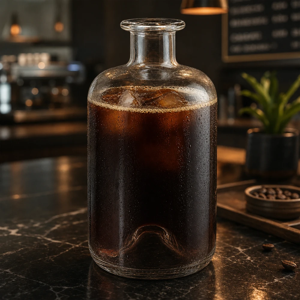Butelka Apothecary Luna 500 ml wypełniona kawą parzoną na zimno na marmurowym stole w nowoczesnej atmosferze kawiarni