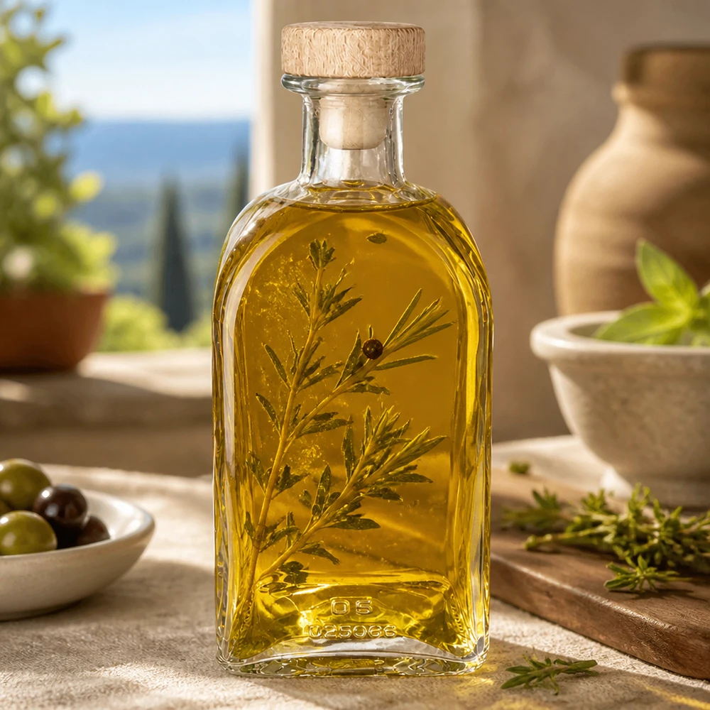 Butelka apteczna Julia 500 ml z drewnianym korkiem UNiTWIST® 500ml Glasflasche Julia mit Holzkorken gefüllt mit Kräuteröl mediterranes Ambiente Olivenöl Gewürzöl Dekoration