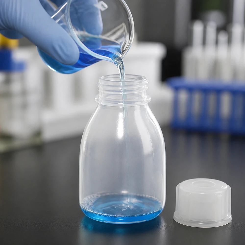 Butelka zakręcana 10 ml, butelka laboratoryjna z wąską szyjką Niebieski płyn przelewa się do przezroczystej butelki z zakrętką o pojemności 10 ml i wąskim szyjką