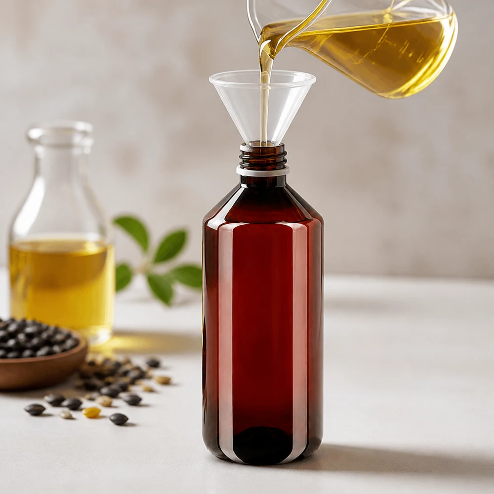 Butelka PET 1000 ml z białą nakrętką typu flip-top. Olej jest rozlewany przez lejek do brązowej butelki PET o pojemności 1000 ml z białym zamknięciem na zatrzask