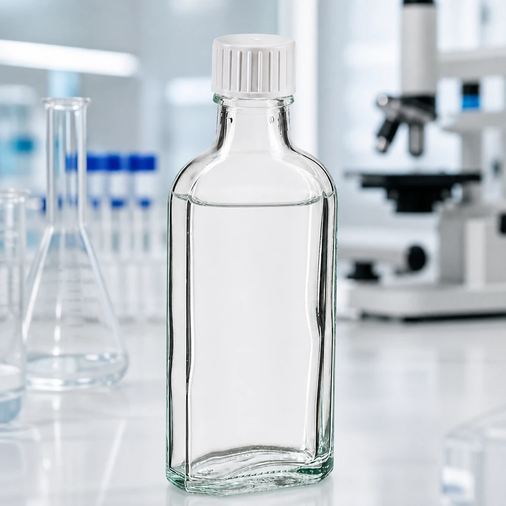 100 ml Przezroczysta zakrętka Meplat z pierścieniem do nalewania Przezroczysta szklana butelka o pojemności 100 ml z białą zakrętką i pierścieniem do nalewania w laboratorium