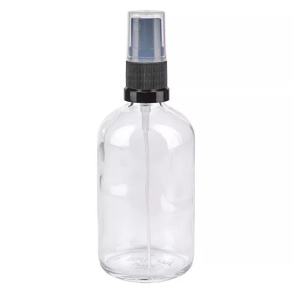 Butelka apteczna przezroczysta 100 ml z czarnym rozpylaczem Butelka apteczna przezroczysta 100 ml z czarnym rozpylaczem