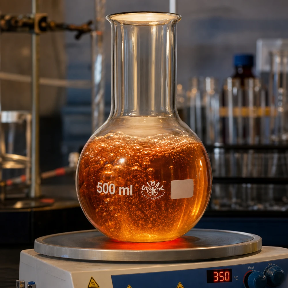 Kolba pionowa 500 ml na płycie grzejnej o temperaturze 350°C do procesów destylacji i ogrzewania w laboratorium