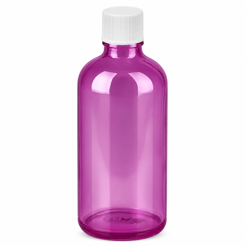 Szklana butelka 100 ml w kolorze fioletowym z białą zakrętką 11 mm do kosmetyków i farmaceutyków