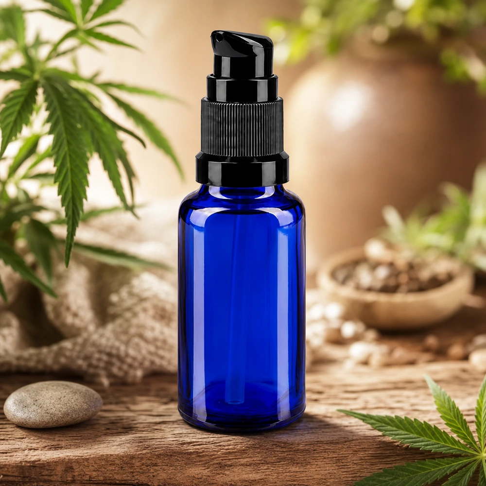 Butelka apteczna niebieska 20ml zakrętka z pompką czarna St Kobaltowo-niebieska butelka z pompką o pojemności 20 ml, wykonana ze szkła aptecznego, z czarną głowicą pompki, na tle roślin konopi