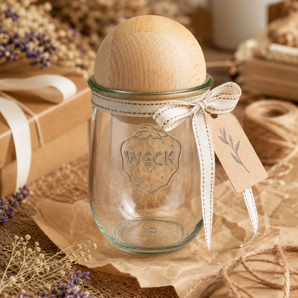 1062ml słoik tulipan WECK RR100 z drewnianą kulką buk Słoik do przechowywania WECK RR100 1062 ml z bukową pokrywką w naturalnej dekoracji wiejskiego domu z lawendą i drewnianą wstążką