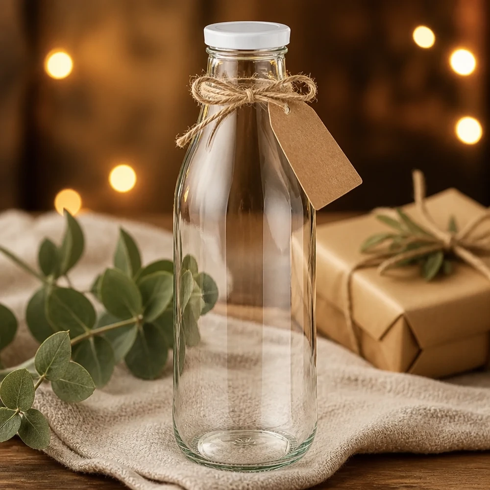 1000 ml szklana butelka z wieczkiem BasicSeal białe opakowanie prezentowe worek jutowy dekoracja z eukaliptusa ciepłe światło rustykalna prezentacja