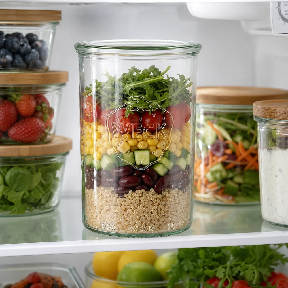 Słoik z szeroką szyjką WECK RR100, 1000 ml WECK Sturzglas 1000ml mit buntem Schichtsalat im Kühlschrank - perfekt für Meal Prep und stylische Aufbewahrung