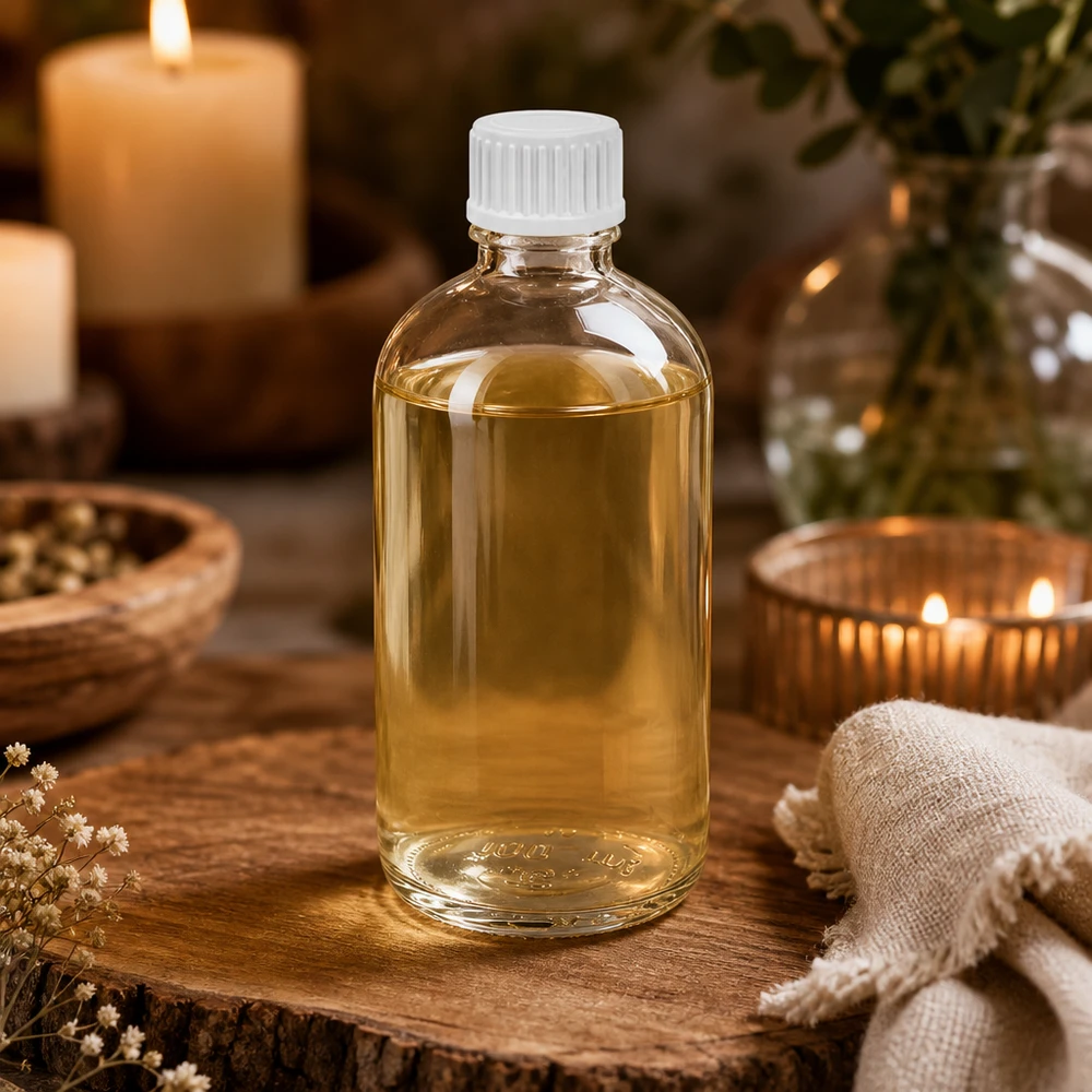 Przezroczysta butelka z zakraplaczem 100 ml ClearLine UT18 z białym standardowym zamknięciem na drewnianym tle