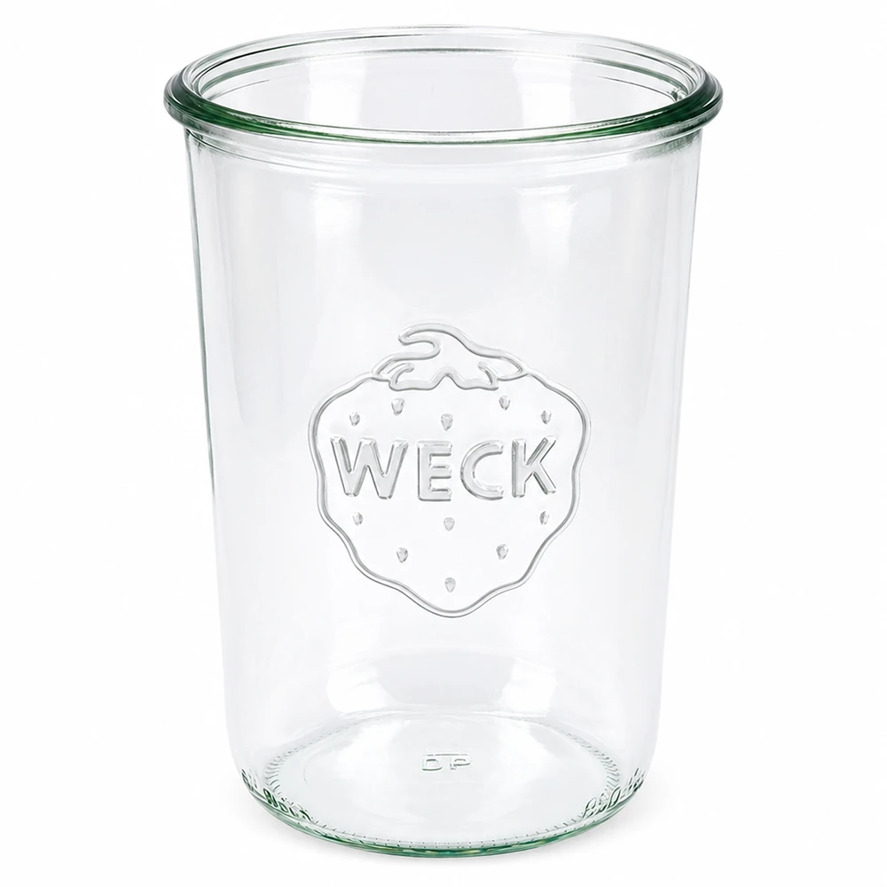 Kubki o pojemności 850 ml WECK RR100 Kubki WECK 850ml RR100 wykonane z przezroczystego szkła z wygrawerowanym logo i zieloną obwódką do konserwowania i przechowywania.