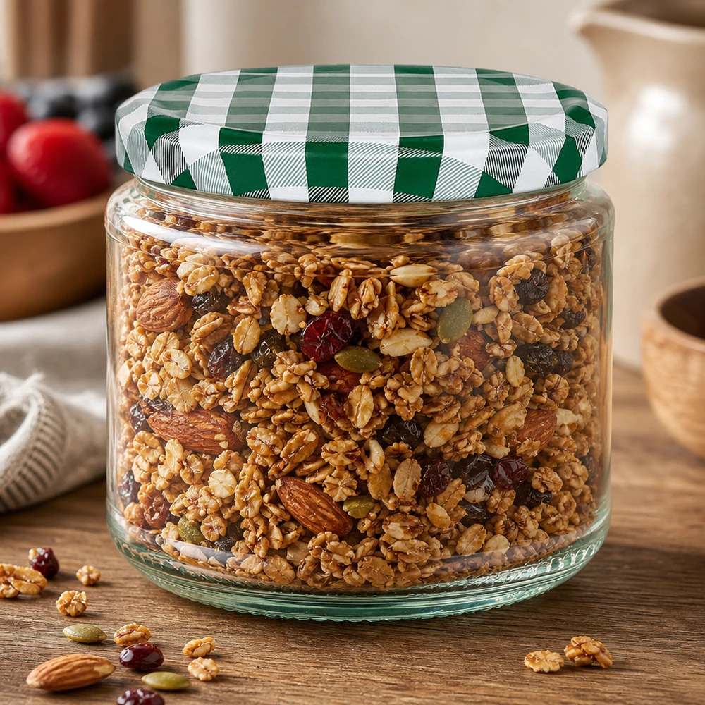 330 ml okrągłe szkło + pokrywka BasicSeal zielono-biała UN.. Rundglas 330ml gefüllt mit Müsli und Nüssen, grün-weißer BasicSeal Deckel, perfekt für Vorratshaltung in der Küche