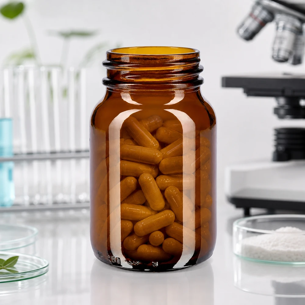 Kompaktowa butelka z szeroką szyjką o pojemności 250 ml wykonana z bursztynowego szkła, idealna do zastosowań laboratoryjnych i leków