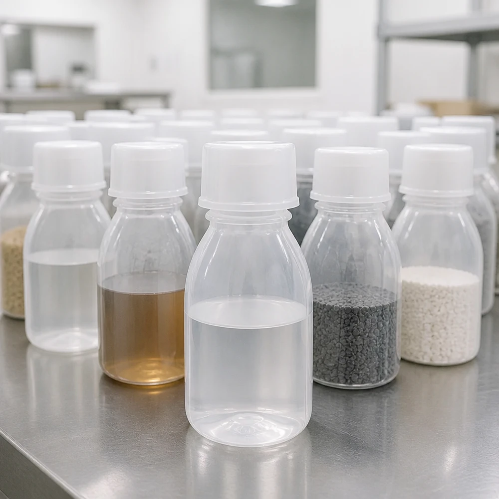 Butelka zakręcana 10 ml, butelka laboratoryjna z wąską szyjką Kilka butelek z zakrętką o pojemności 10 ml i wąskiej szyjce, zawierających różne próbki, na stole ze stali nierdzewnej w laboratorium