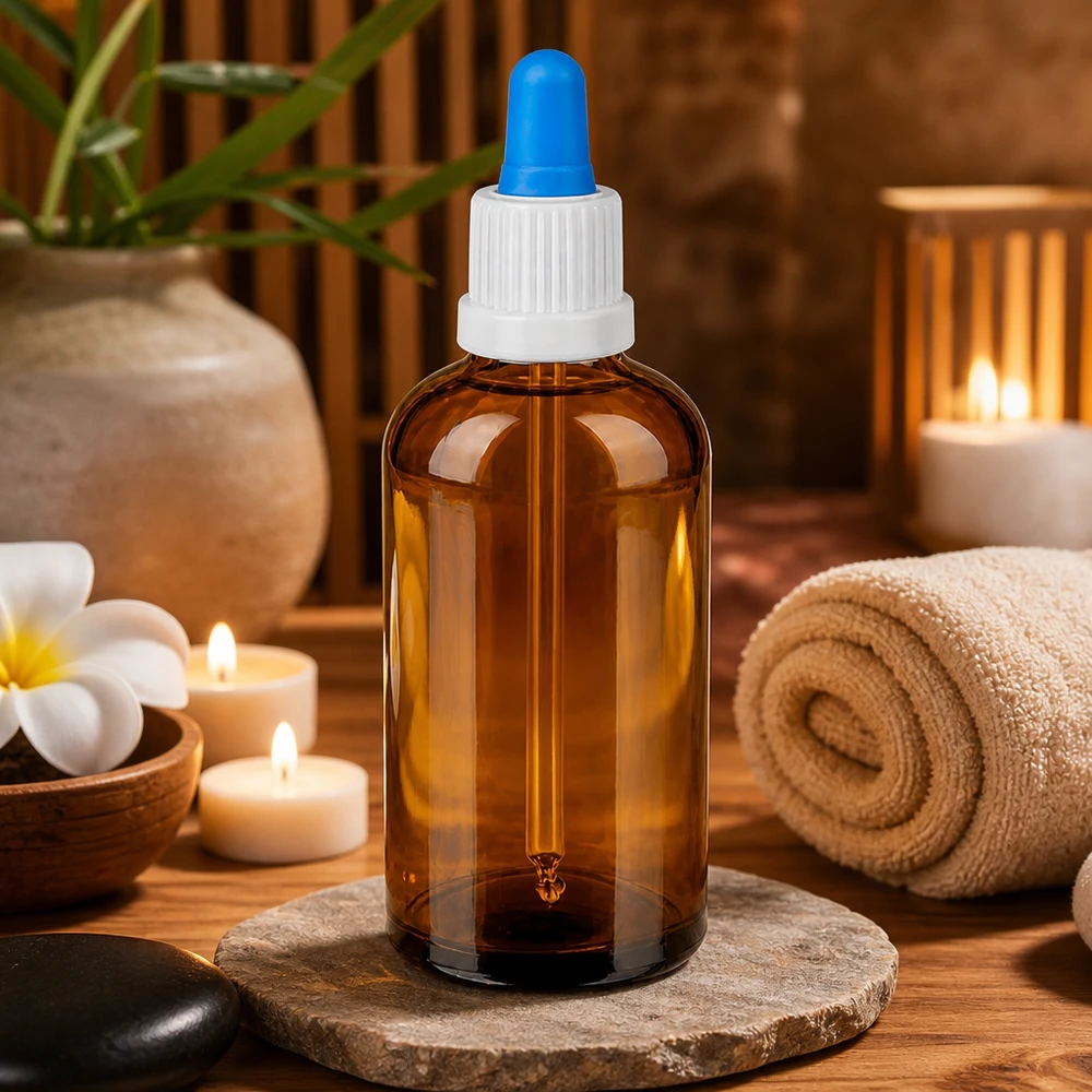 Butelka do leków płynnych 100 ml biała/niebieska OV BrownLine UT18/100 Butelka farmaceutyczna 100 ml wykonana z brązowego szkła ochronnego z pipetą z kroplomierzem do precyzyjnego dozowania płynów