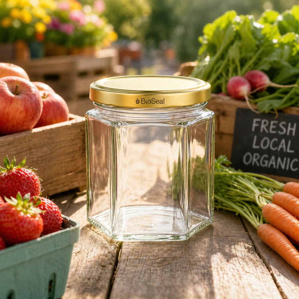 UNiTWIST Hexa47 ze złotą pokrywką TO43 BioSeal Pusty szklany słoik UNiTWIST Hexa47 ze złotą pokrywką BioSeal pomiędzy świeżymi organicznymi owocami i warzywami na drewnianym stole